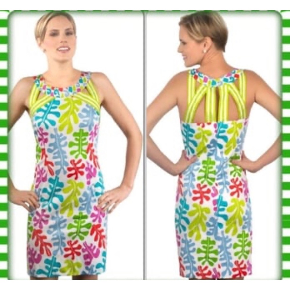 Gretchen Scott Shift Dress Womens L Multi Leaf Print Strappy Back Resort Summer